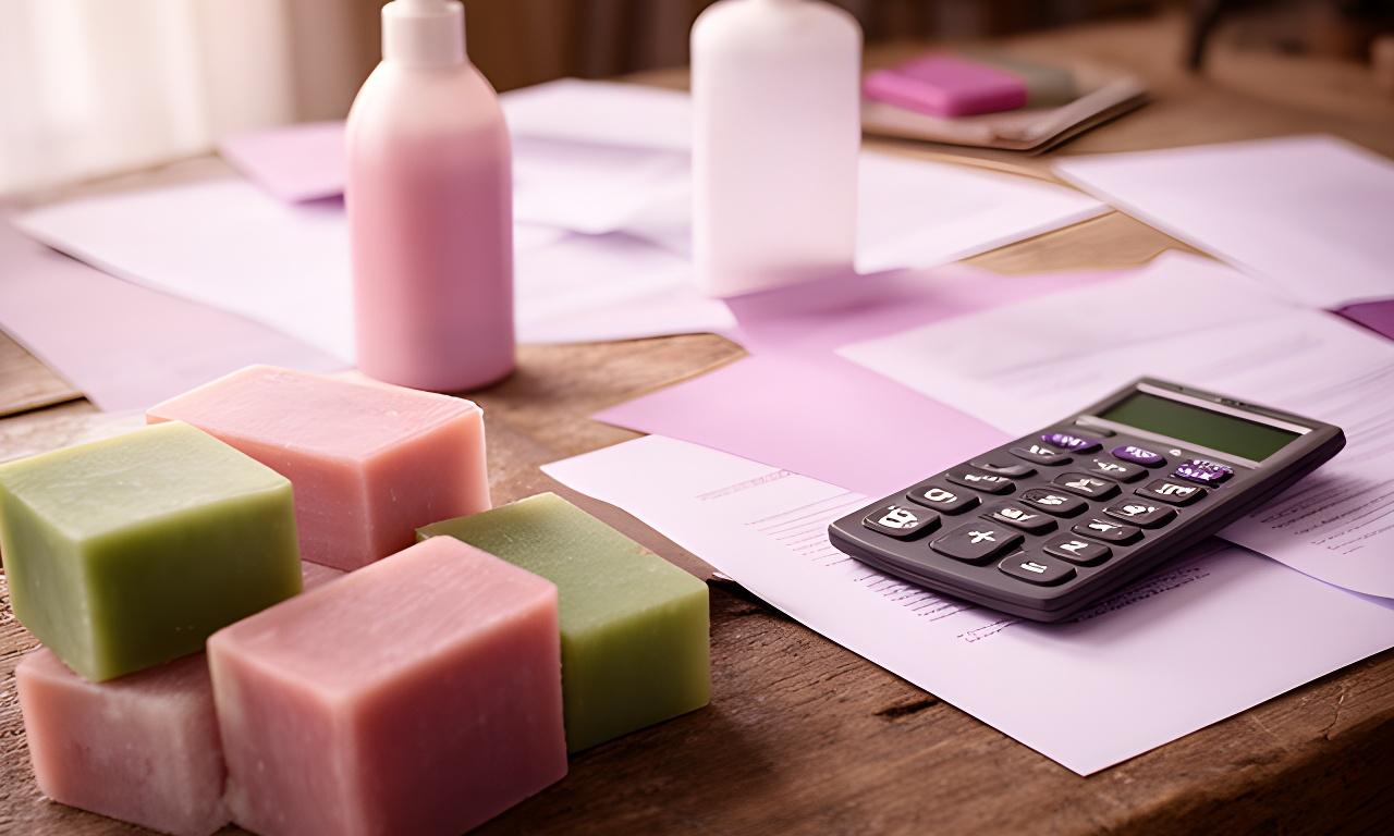 Mesa de trabajo con jabones artesanales, documentos y una calculadora en un taller ordenado