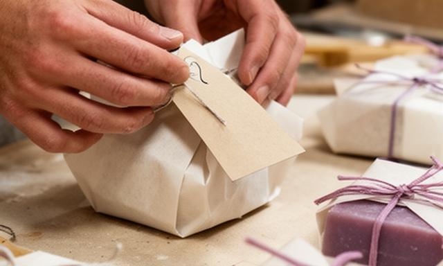 Manos envolviendo jabones con papel reciclable y etiquetas simples sobre una mesa de taller