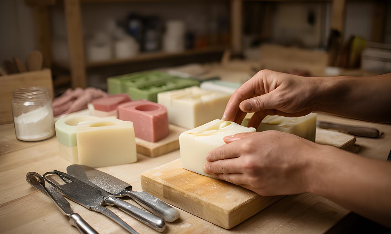 Manos trabajando jabón artesanal en un taller cálido de Curuzú Cuatiá con moldes, mesa de madera e iluminación suave