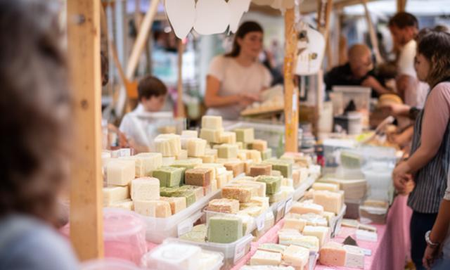 Jabones artesanales exhibidos en una feria regional con carteles y público recorriendo el puesto