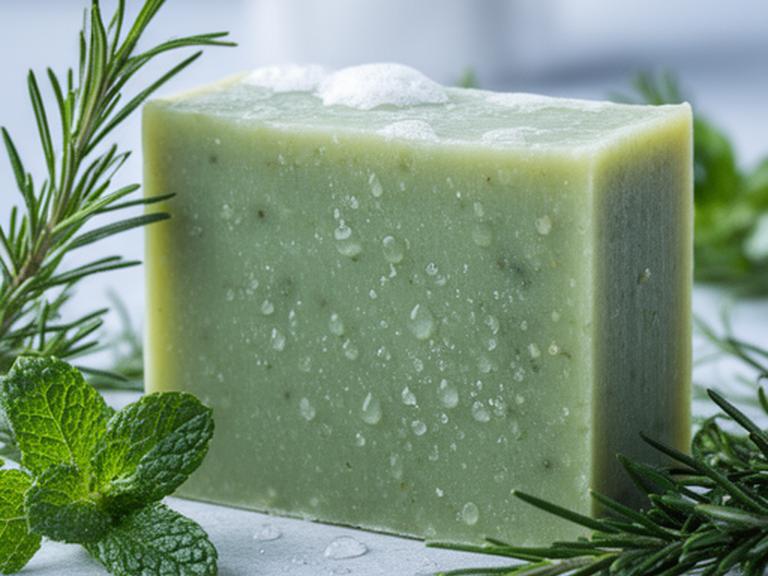 Jabón verde de romero y menta junto a ramas frescas y gotas de agua