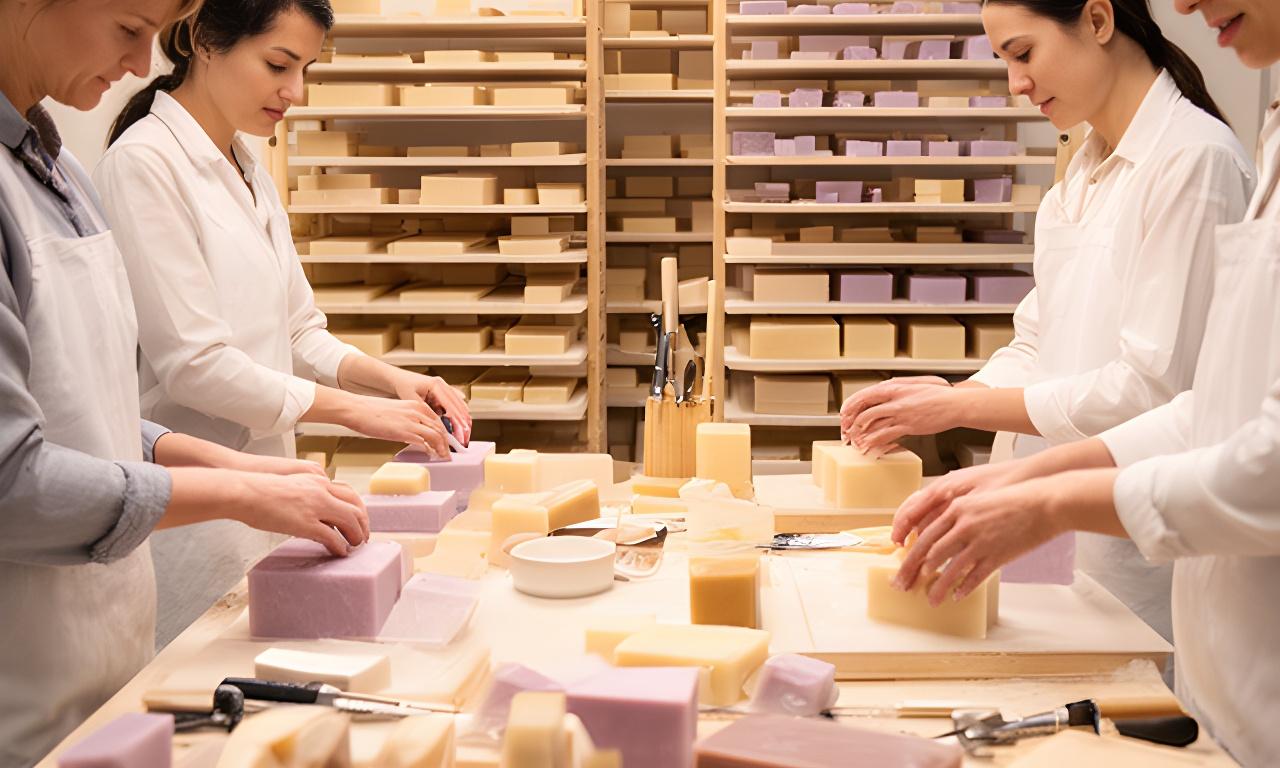 Equipo de fabricación artesanal junto a estantes con jabones curando y herramientas ordenadas en el taller