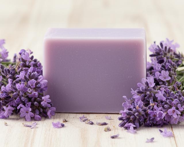 Jabón de lavanda orgánica con flores violetas y fondo de madera clara
