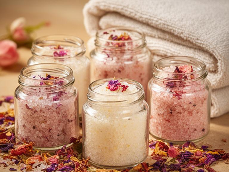 Sales de baño artesanales en frascos pequeños con pétalos secos y una toalla doblada