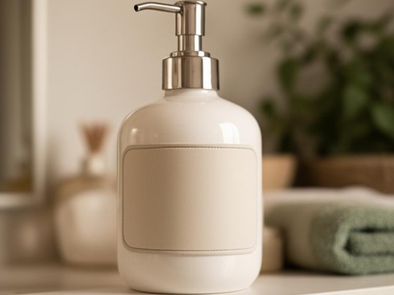 Dispenser de jabón líquido para manos con etiqueta artesanal sobre una repisa de baño