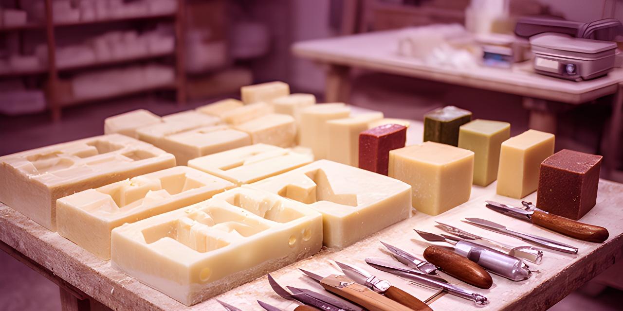 Mesa de trabajo del taller con moldes, jabones curados y herramientas ordenadas en una fábrica artesanal