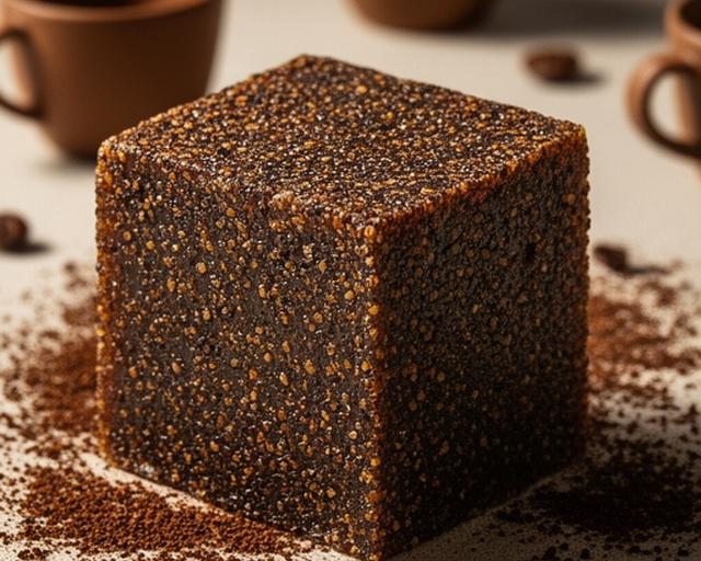 Jabón exfoliante de café con textura granulada y tazas de café al fondo
