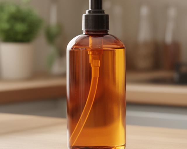 Detergente líquido biodegradable en botella ámbar sobre una mesa de cocina ordenada