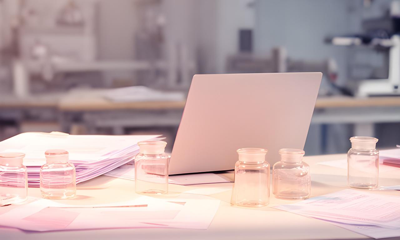 Mesa de trabajo con documentos ordenados, una computadora portátil y frascos de jabón artesanal en un taller luminoso