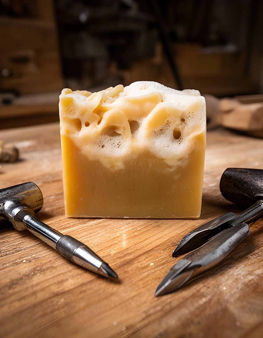 Jabón artesanal tallado a mano con espuma suave y herramientas de taller sobre una mesa de madera