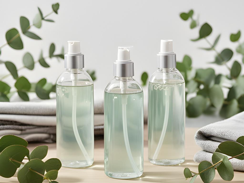 Envases de desinfectante natural de eucalipto sobre una mesa de trabajo con paños y hojas verdes